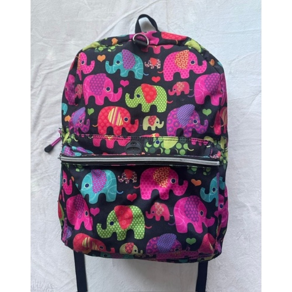 FAB Starpoint Elephant Print Backpack Multi-Color School Bag Black Canvas F277